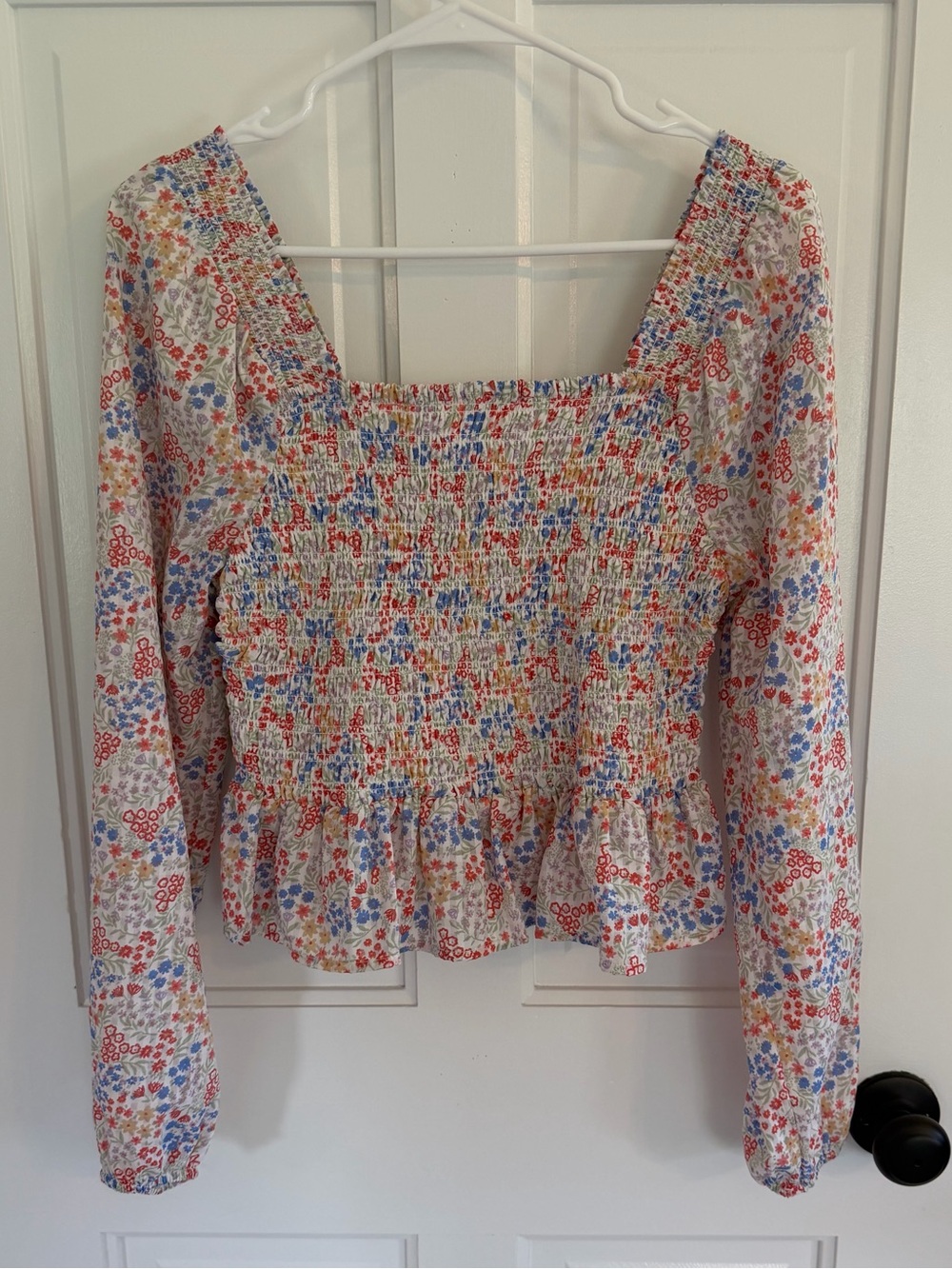 Japna Floral Smocked Peplum Puff Sleeve Blouse Medium Cottagecore